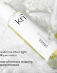 Image of a bottle of Unveil Cleansing Oil, which transforms into a light milky emulsion. Rinses off without stripping natural moisture.